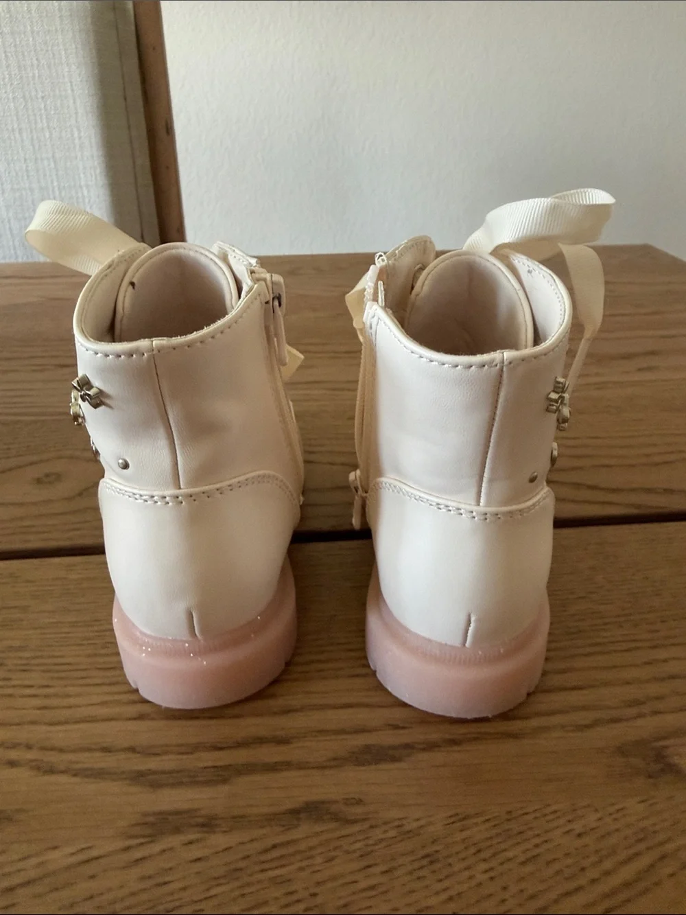 Cat & Jack Cream Lace-Up Kids Ankle Boots with Pink Sole
